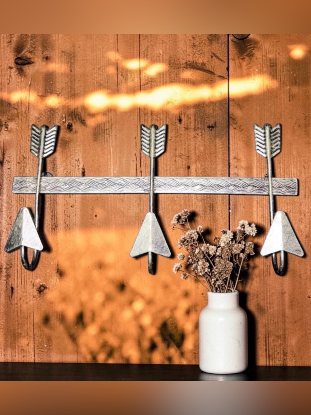 Rustic Metal Arrow Wall Hook Rack 3 Hook Antique Silver Southwestern Lodge Decor